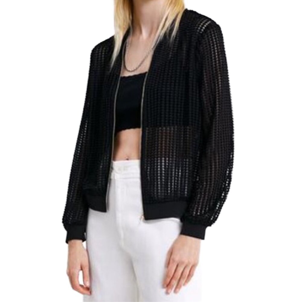 Zara NWT Women’s Medium Openwork Airy Mesh Black Zip Up Bomber Jacket